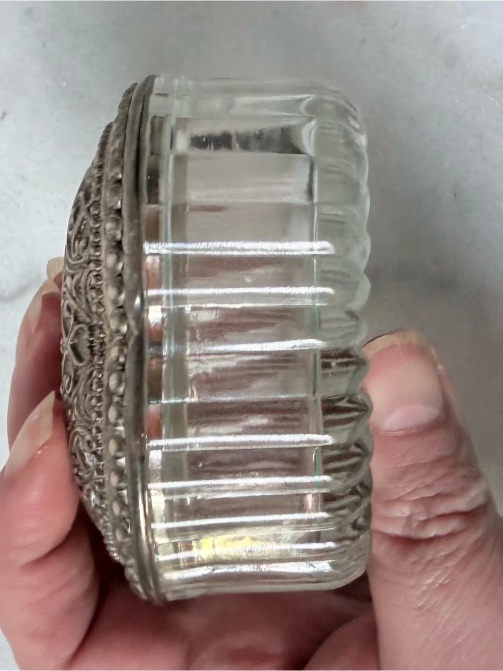 Ornate Silver-Topped Glass Trinket Box - Clear Glass